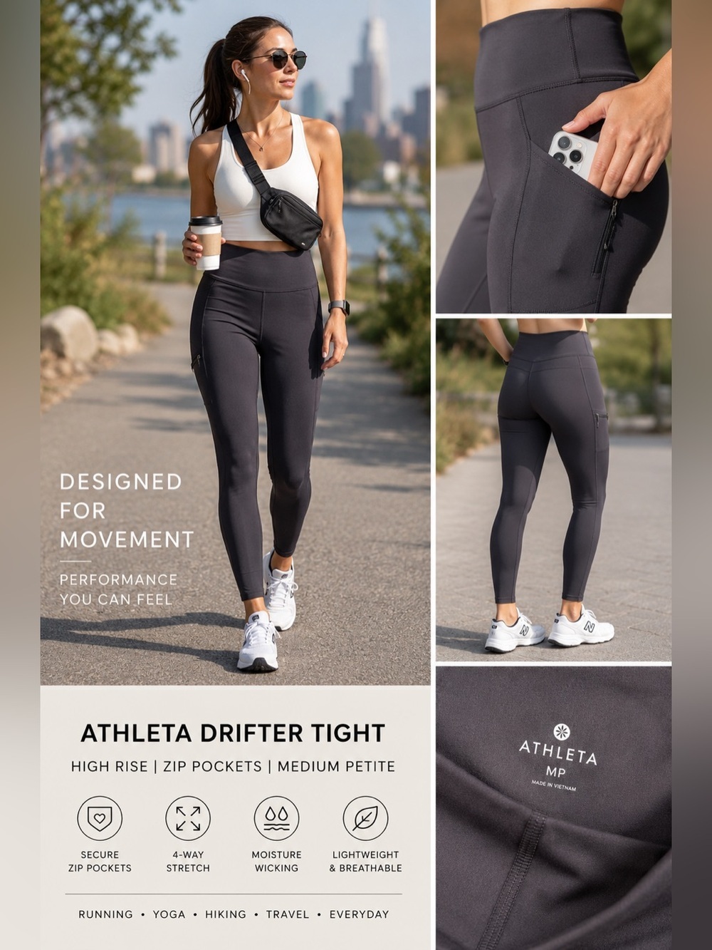 Athleta Drifter Tight Running Leggings High Rise Zip Pocket MP